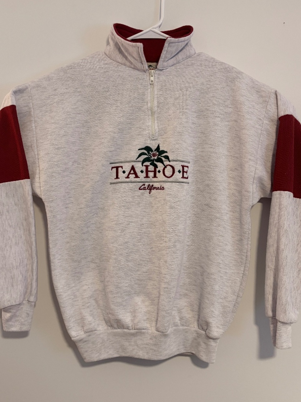 Vintage 90s Tahoe California Embroidered 1/4 Zip Sweatshirt Heather Gray Maroon